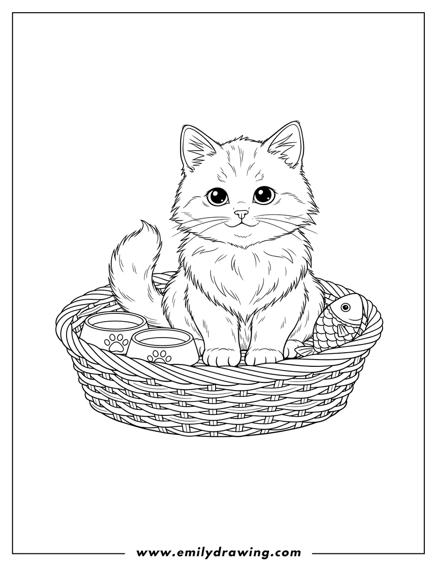 Printable coloring page of kitten sitting in a basket with food bowls and a fish toy