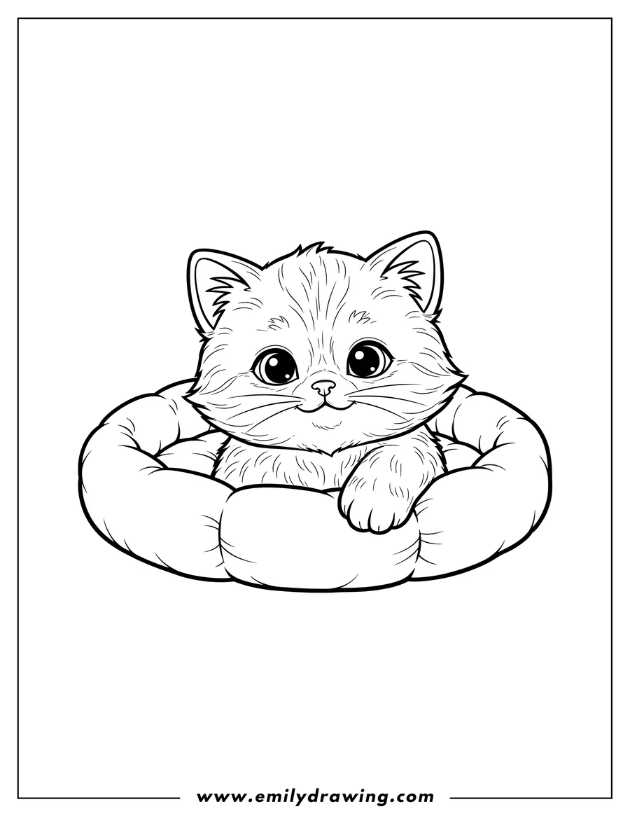 PDF style coloring page: furry kitten with a gentle smile, peering out from a round cat bed, its paw resting on the edge