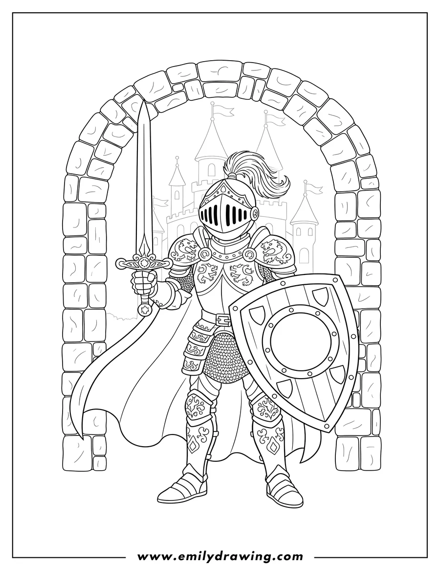 Full page coloring image of detailed Knight in decorative armor, holding a sword and shield, standing under a castle archway