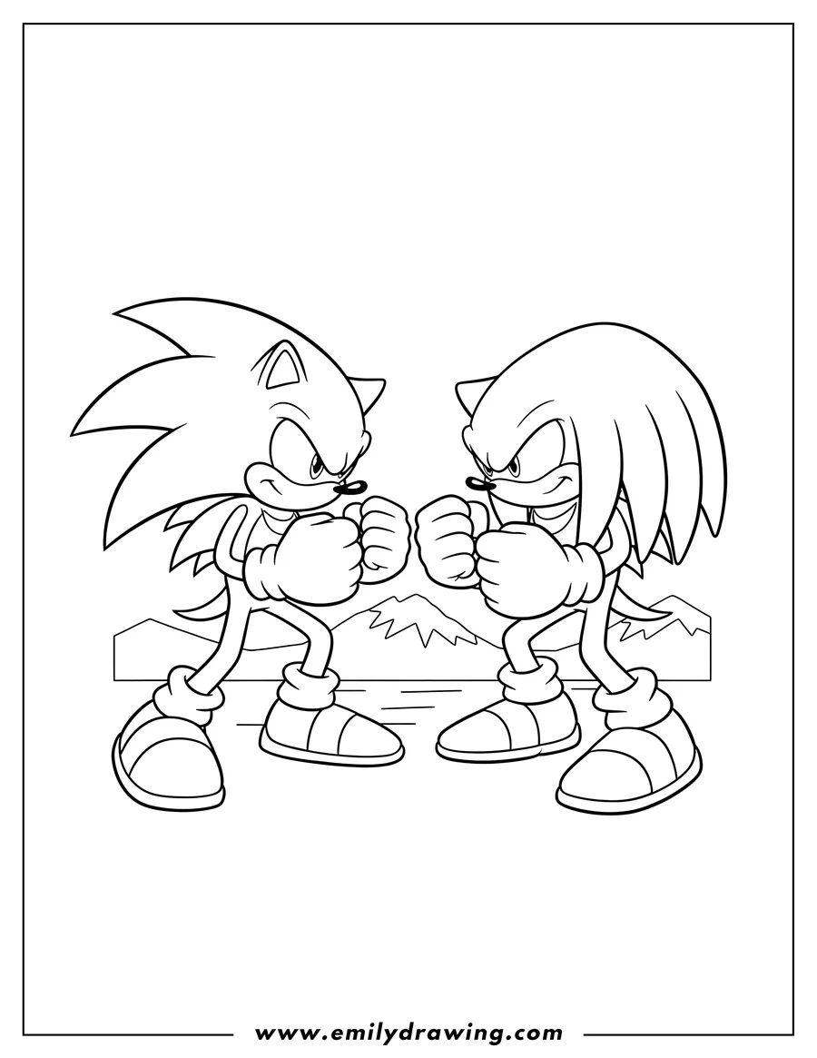 Coloring page for kids: knuckles And Sonic Fighting, face-to-face with fists raised