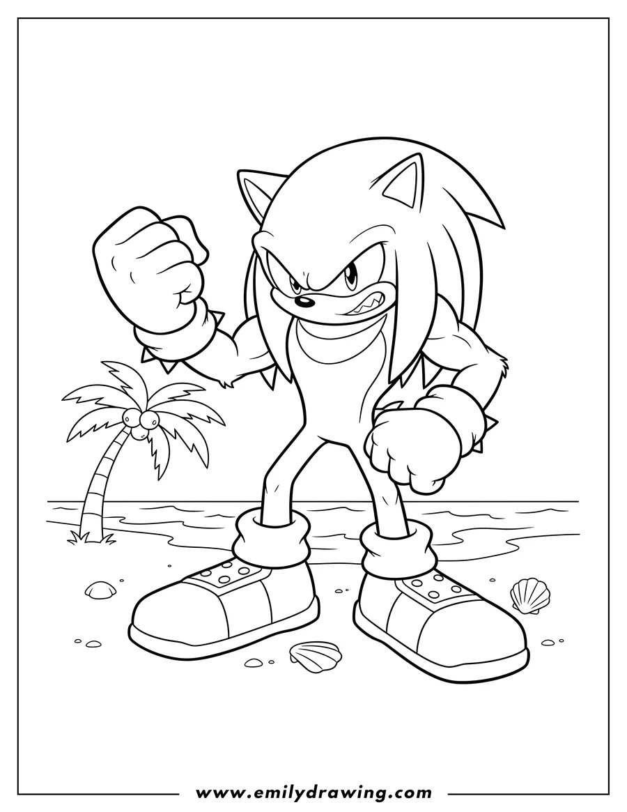 Linear illustration of detailed Knuckles Standing Beach, with a determined expression and a raised fist