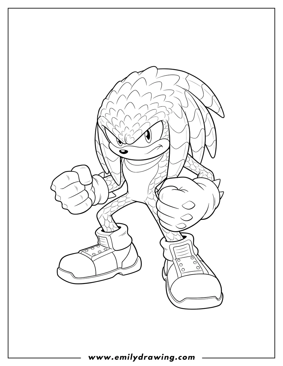 Free to print drawing of knuckles Scaled, clenching his spiked fists with a determined expression