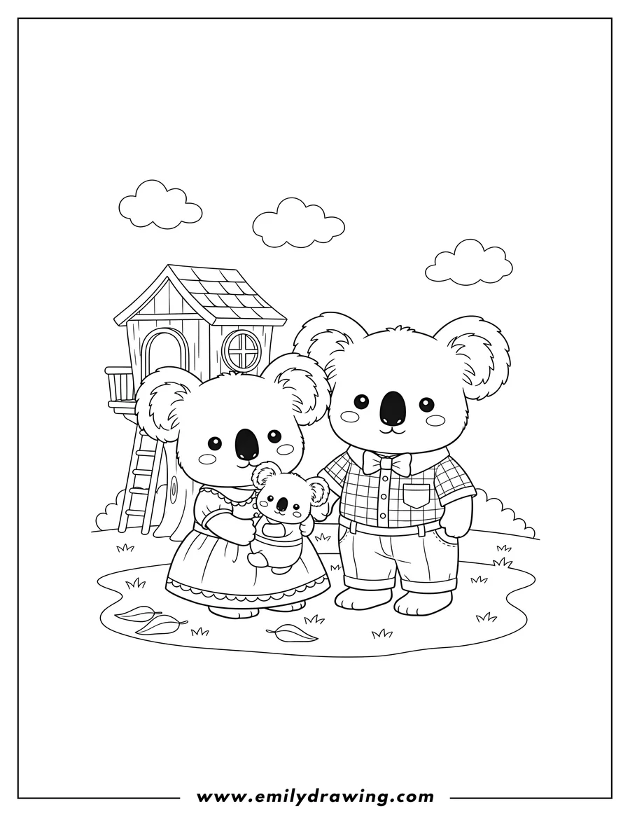 Printable line art of cute Calico Critters Koala Family, mother holding a baby, father wearing a checkered shirt