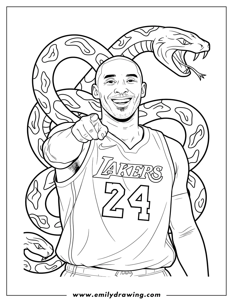 Outline drawing of kobe Bryant smiling and pointing in his Lakers number 24 jersey, with Black Mamba logo background