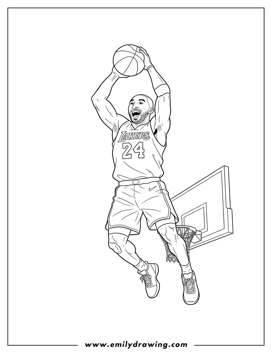 Full page coloring image of detailed Kobe Bryant in a Lakers #24 jersey soaring for a two-handed dunk with an open mouth