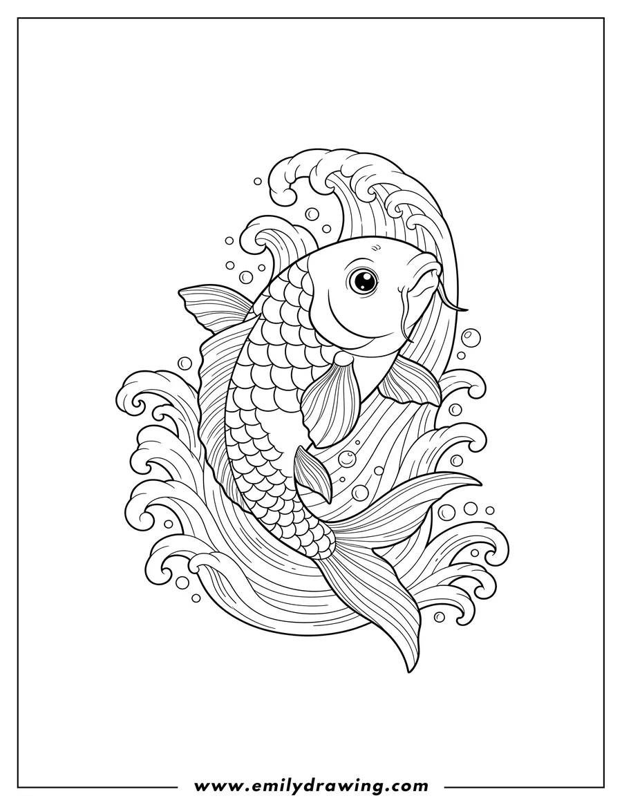 Coloring page for kids: detailed Koi Swimming Tattoo, swimming upwards amidst stylized waves