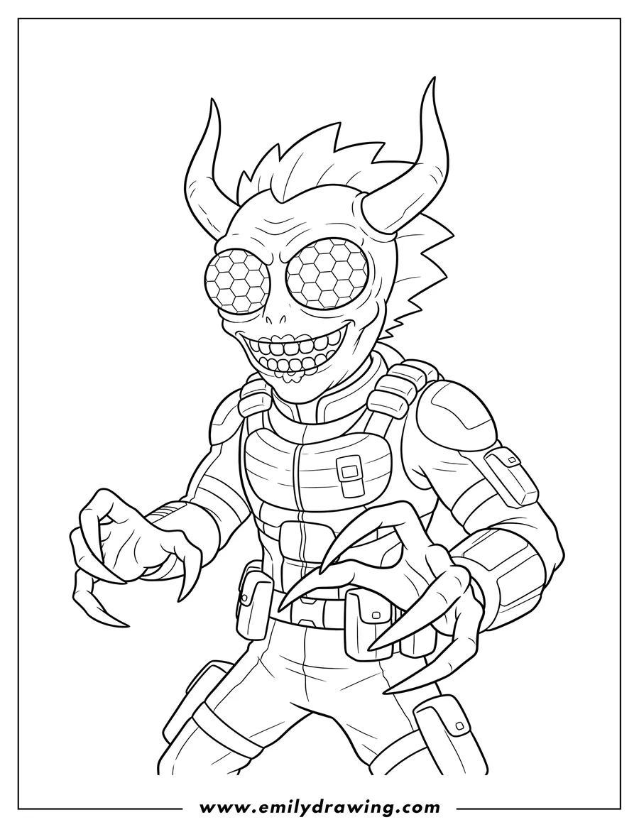 Linear illustration of krombopulos Michael Alien Assassin with fly-like eyes and clawed hands