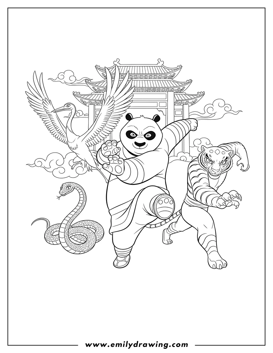 Free printable coloring sheet of kung Fu Panda Poster with Po, Crane, Viper, and Tigress in action poses