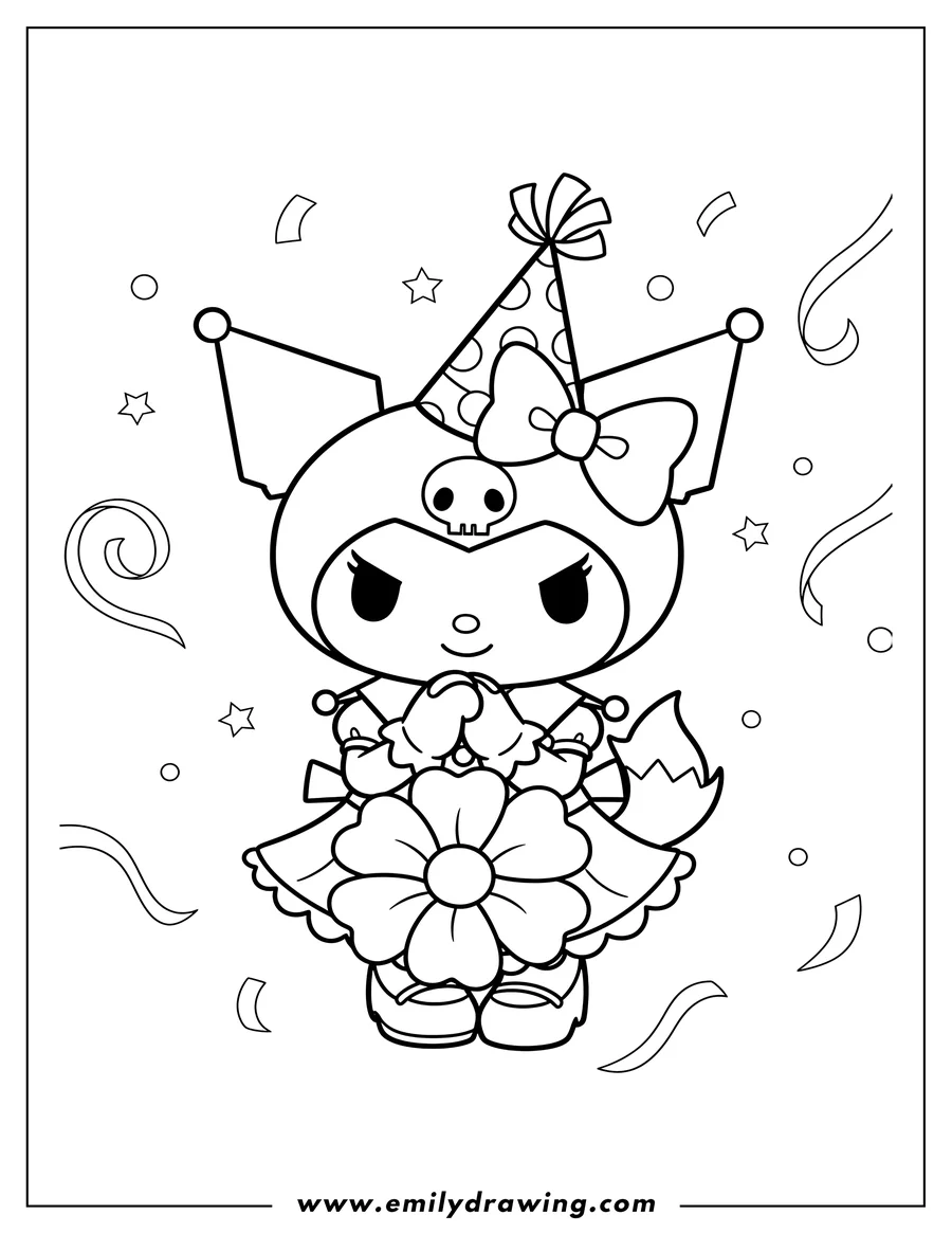 Coloring page of kuromi wearing a party hat with a bow, hands clasped in excitement over a flower