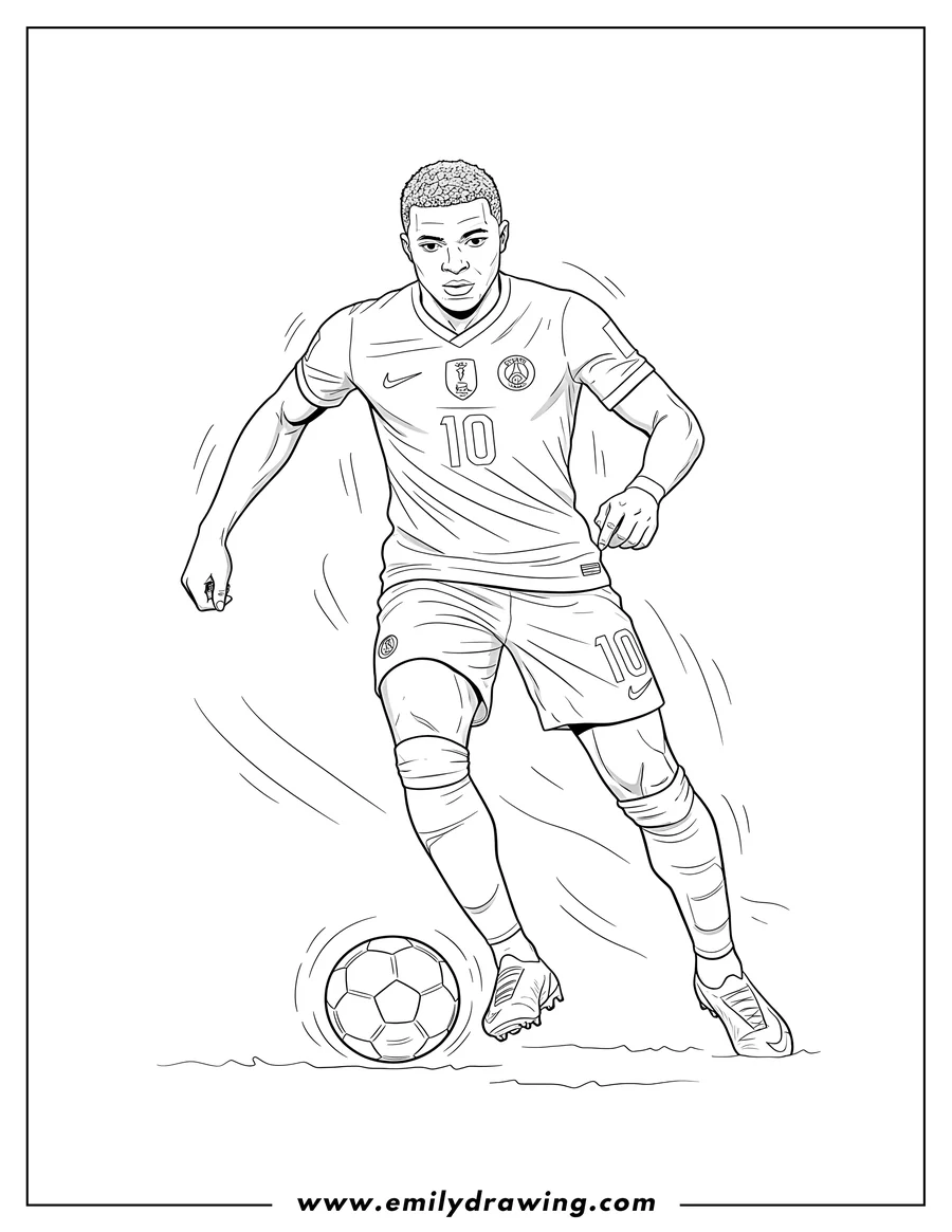 Vector style outline of detailed Kylian Mbappe dribbling a football, wearing jersey number 10