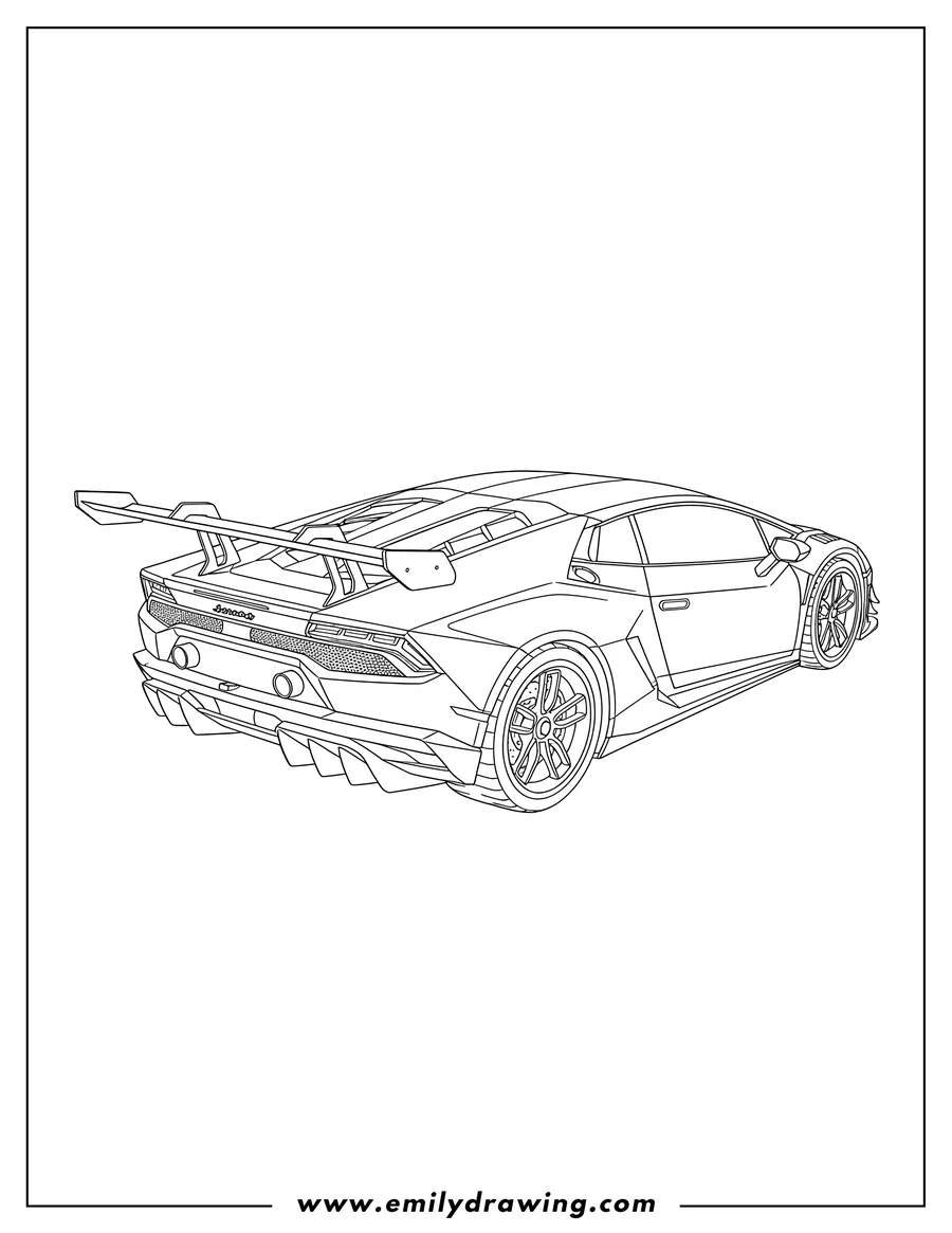 Printable coloring page of detailed Lamborghini Race Car Scaled, from a rear-three-quarter view, with a large rear wing and diffuser