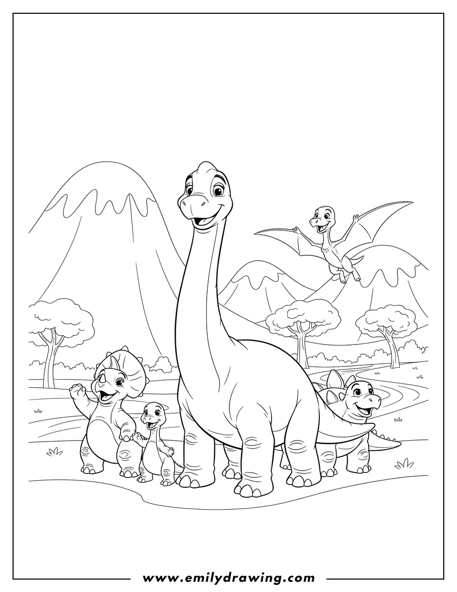Linear illustration of detailed Land Before Time Characters Mountains, Littlefoot smiling, with friends waving and flying