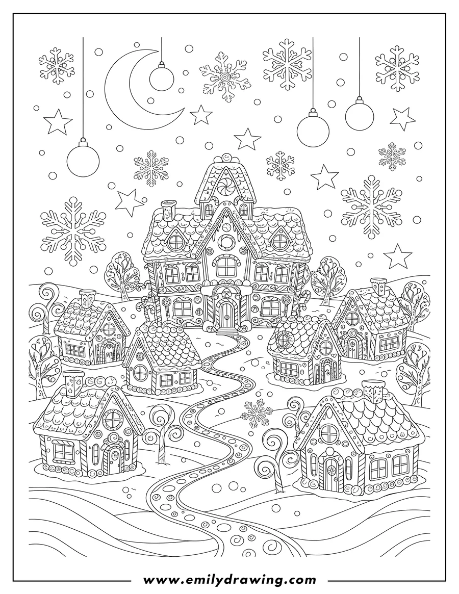 Black and white line art of detailed Landscape of Gingerbread Houses in a Christmas Winter Wonderland with snowflakes and stars