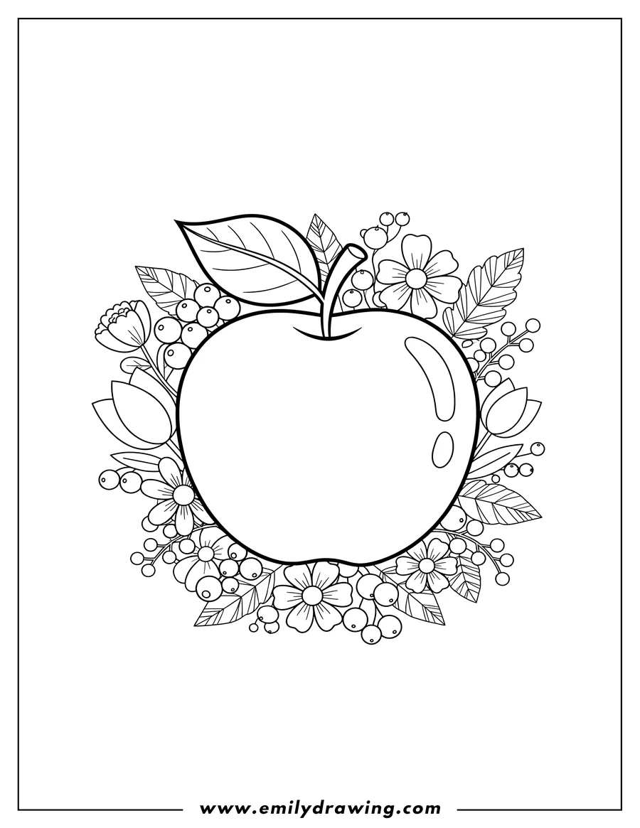 Outline drawing of large Apple with Stem and Leaf Surrounded By Flowers and Berries