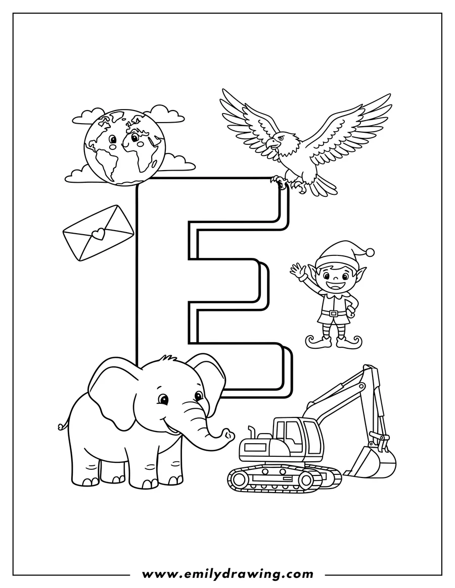 Coloring page of coloring page of a large letter E surrounded by examples: Earth, an envelope, an eagle, a happy elf, an elephant, and an excavator