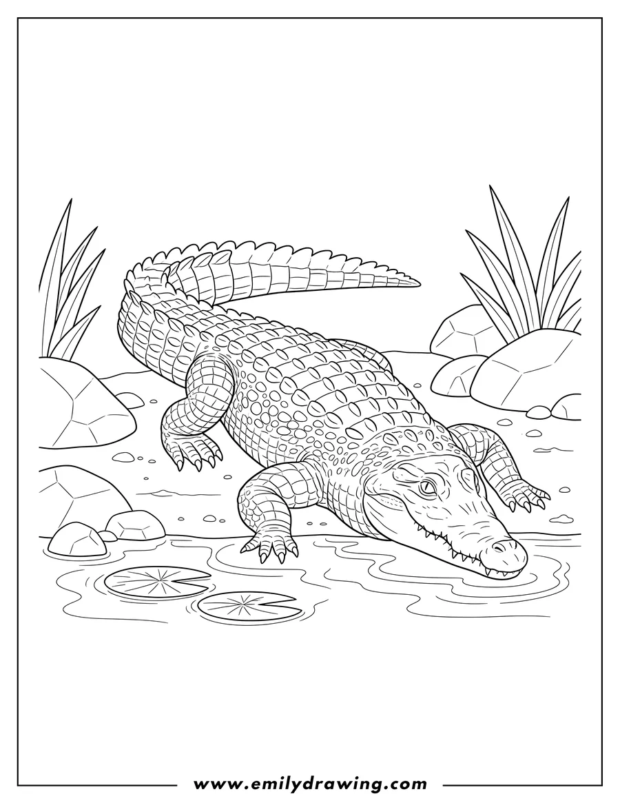 Printable coloring page of large Nile Crocodile Scaled, crawling with its head low by the water