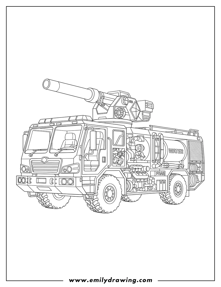 Full page coloring image of large Split Airport Fire Truck with a water cannon on top