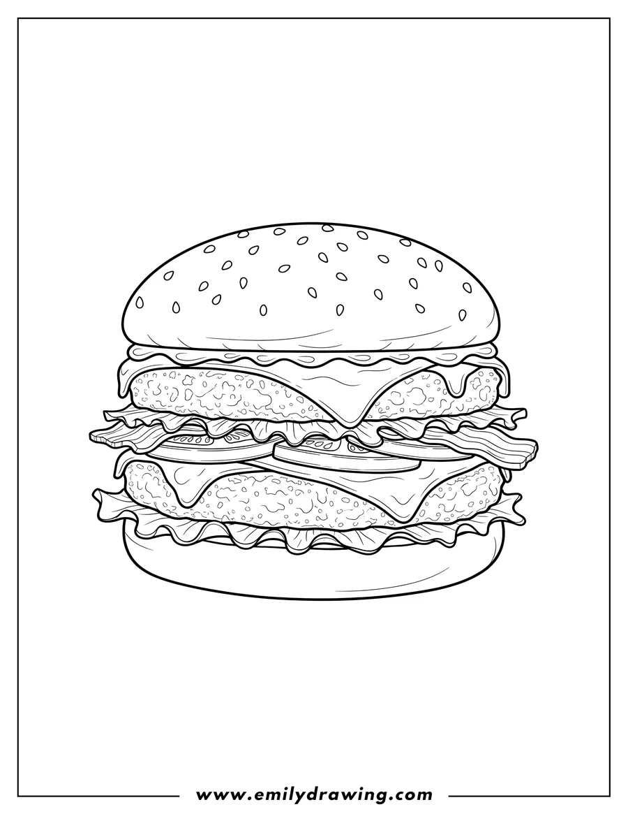 Printable line art of large stacked beef burger with melting cheese and sesame seeds