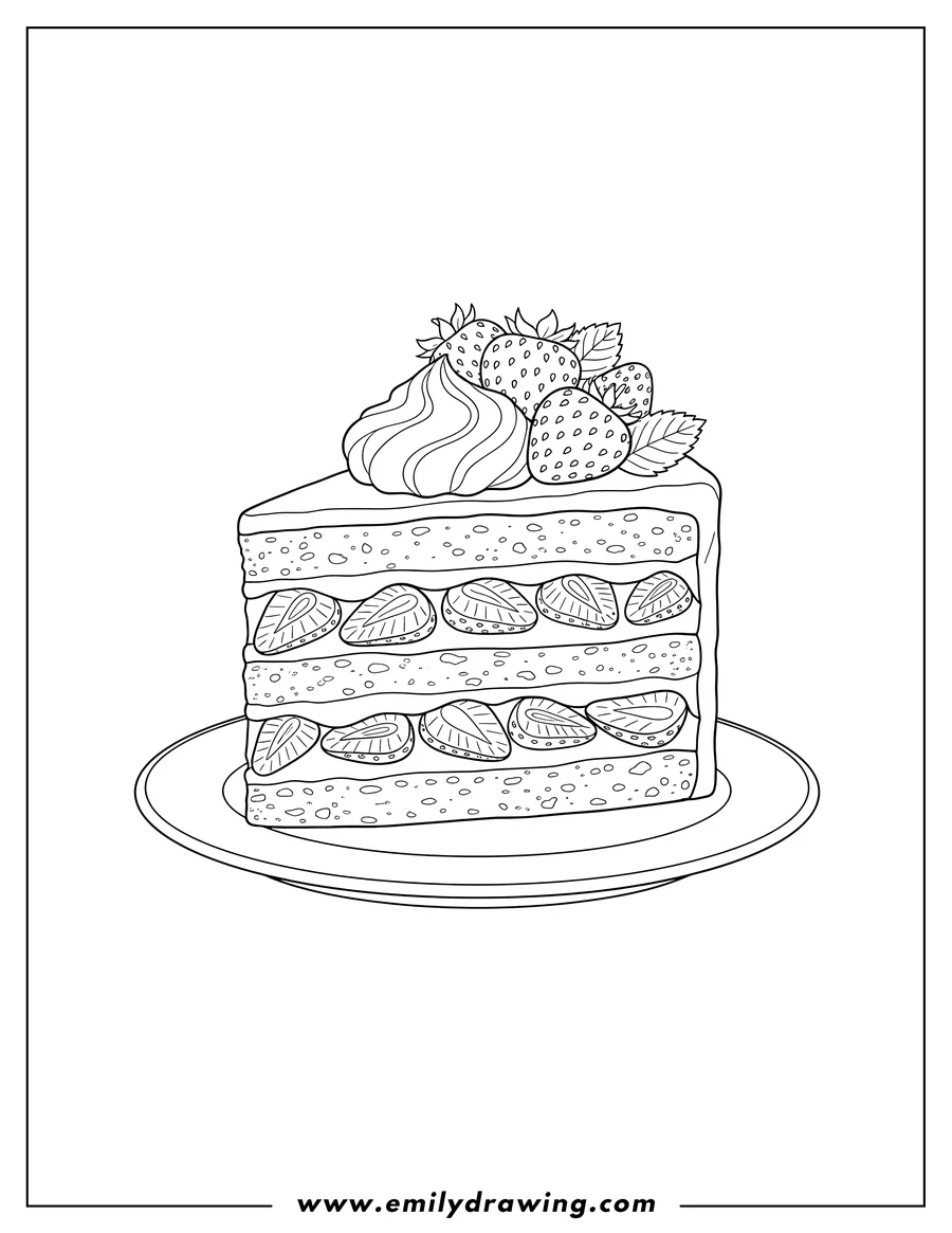 Printable coloring page of layered Strawberry Shortcake Slice with creamy topping and fresh fruit