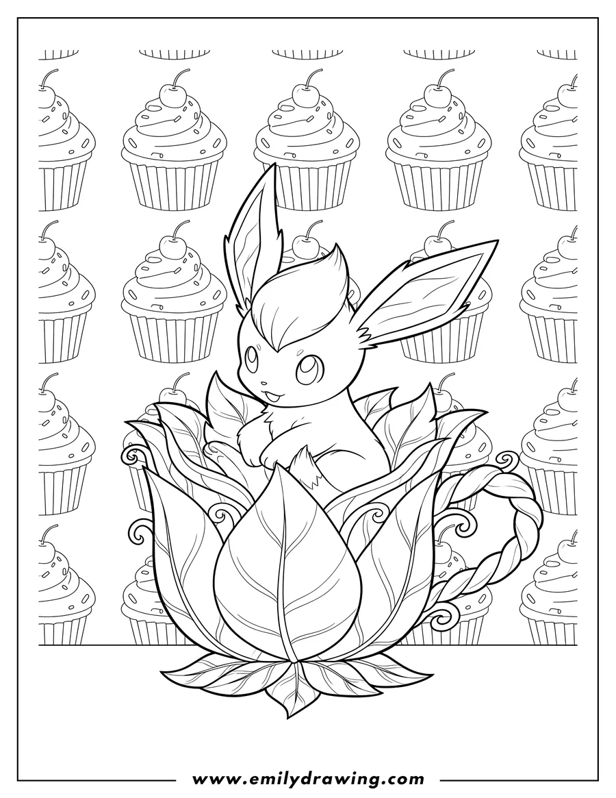 Printable coloring page of leafeon in a leafy cup with cupcake background