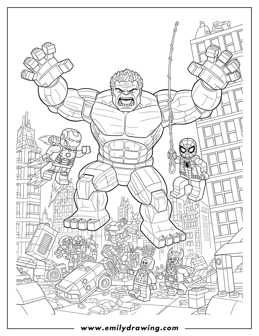 Simple sketch of detailed Lego Avengers Fighting Villains City, featuring Iron Man, a roaring Hulk, and Spider-Man swinging to color