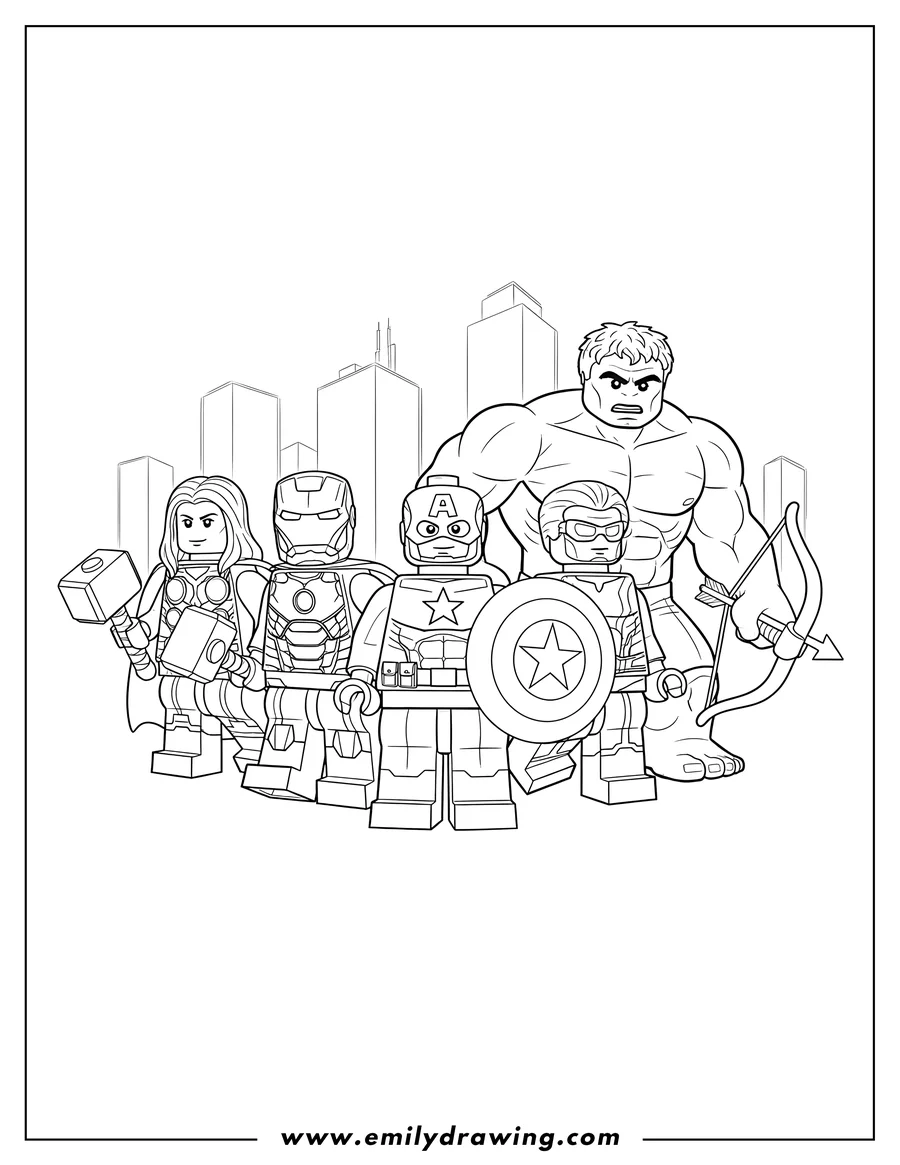 Outline drawing of lego Avengers Original Heroes standing together, ready for action