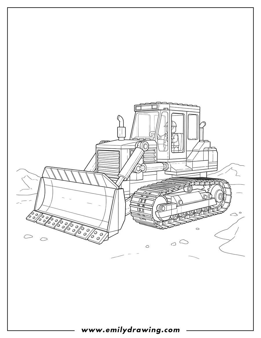 Outline drawing of lego City Bulldozer with a large front blade on caterpillar tracks