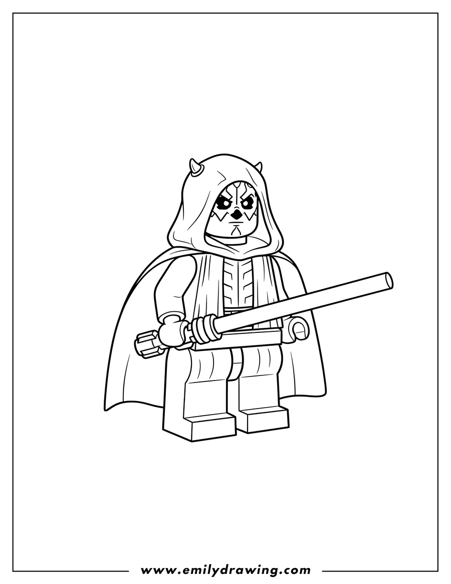 Coloring sheet featuring lego Darth Maul standing, in a hooded cape, holding a lightsaber
