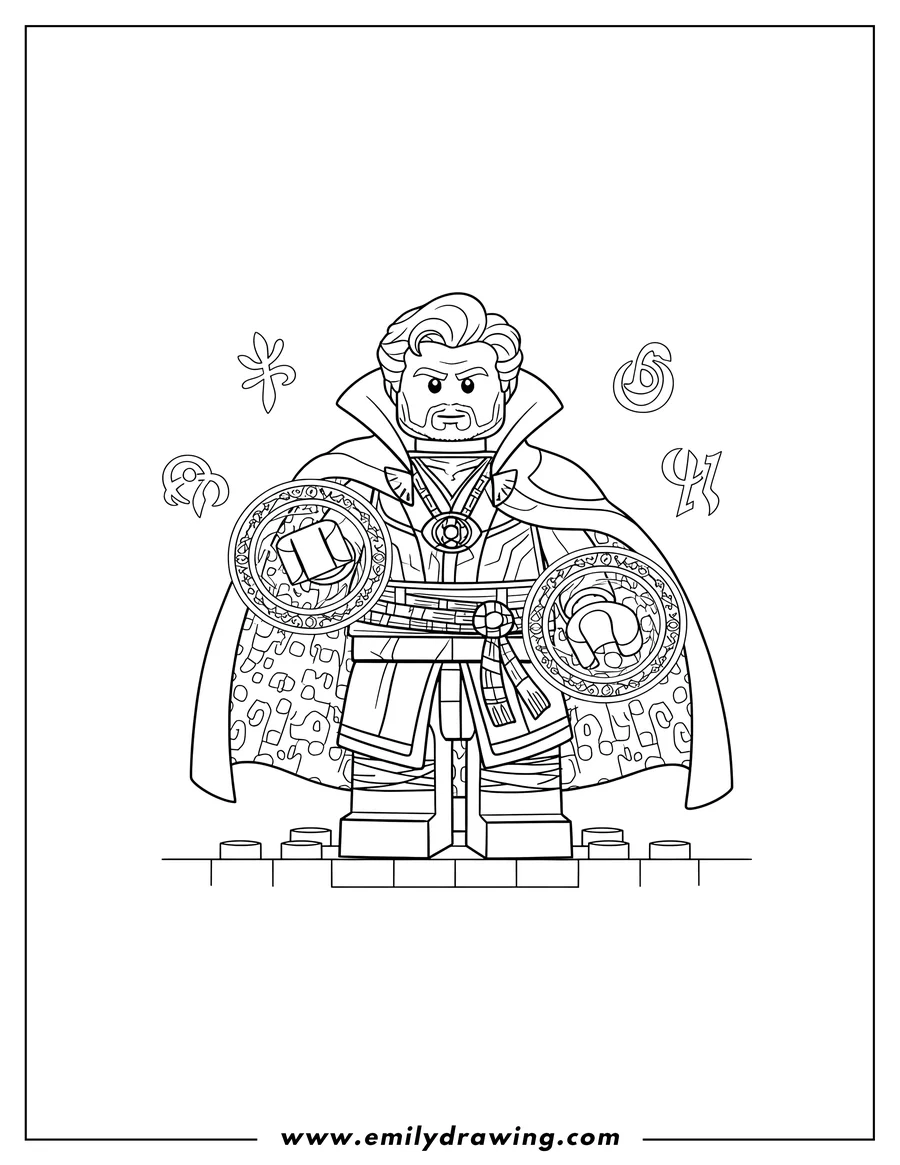 Full page coloring image of detailed Lego Doctor Strange standing with his cape