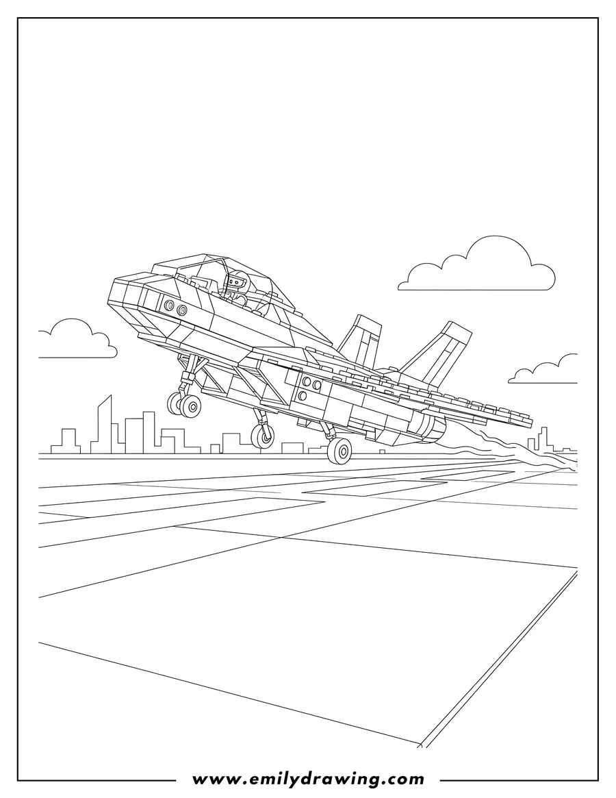 Printable coloring page of detailed Lego fighter jet taking off on a runway