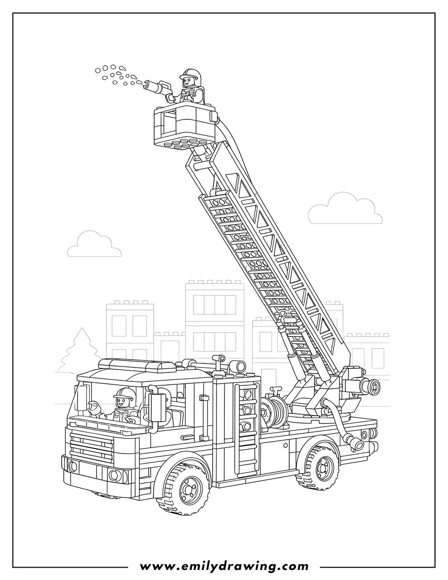 PDF style coloring page: detailed Lego Fire Truck With Extended Ladder To Color Scaled, with a Lego firefighter holding a hose at the top