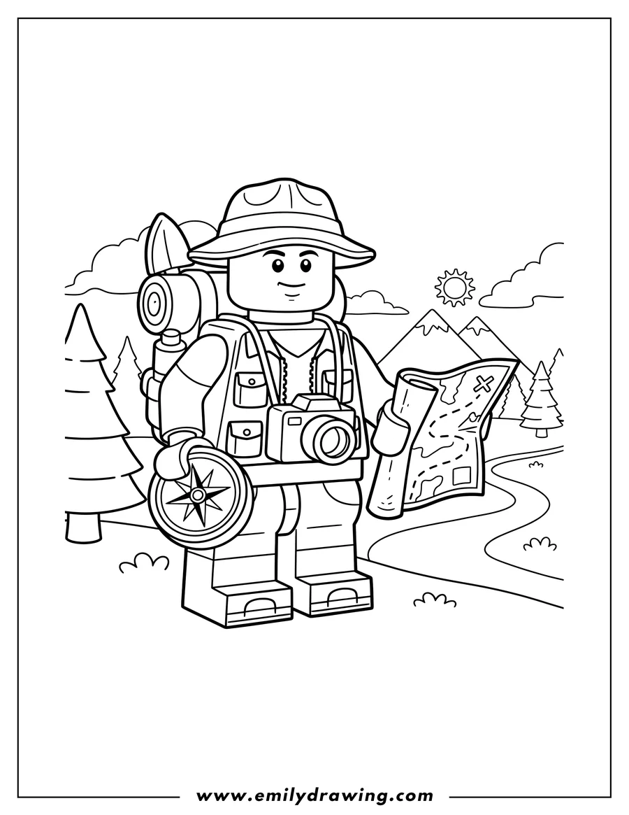 PDF style coloring page: lego Hiker holding a compass and map to color