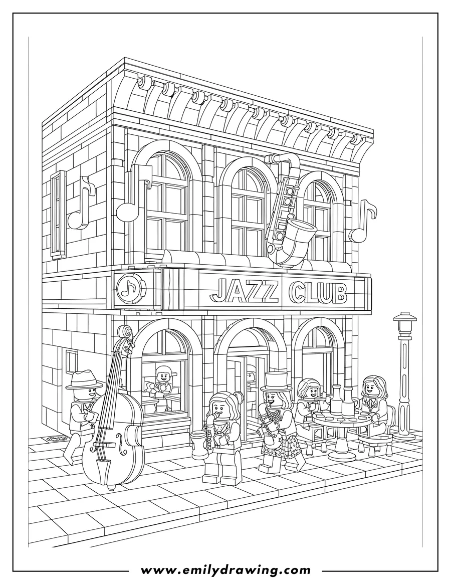 Free printable coloring sheet of detailed Lego Icons 10312 Jazz Club with minifigures playing instruments and enjoying drinks outside