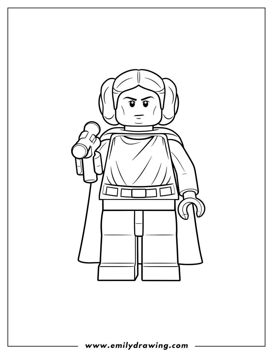 Doodle style coloring picture of detailed Lego Star Wars Princess Leia with iconic buns, holding a blaster with a determined expression