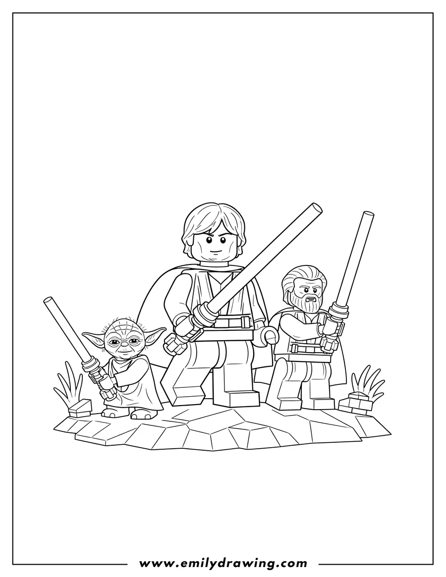 Printable coloring page of lego Star Wars Luke Skywalker and Obi-Wan Kenobi holding lightsabers, with Master Yoda
