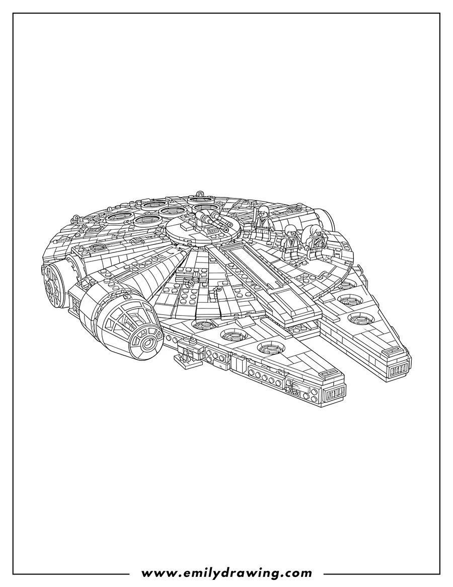 Outline drawing of detailed LEGO Star Wars Millennium Falcon