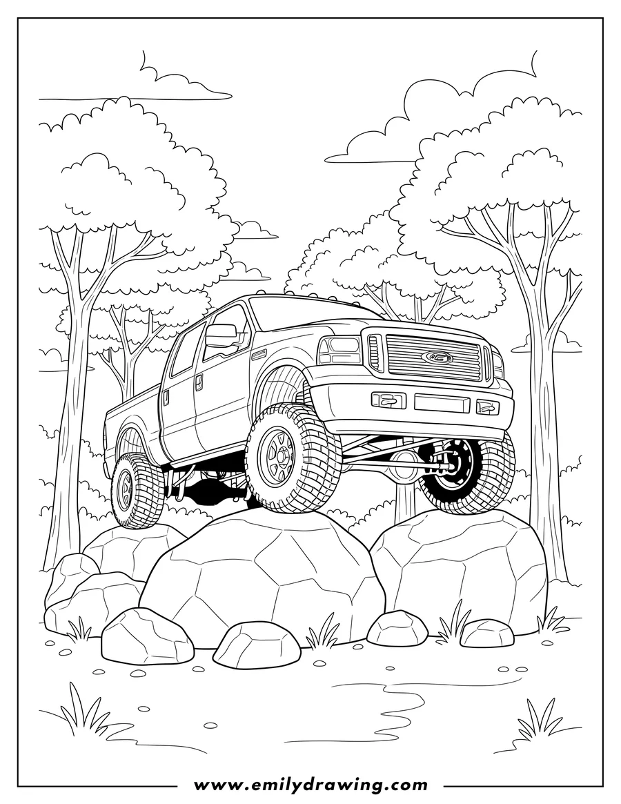 Downloadable coloring page of lifted Ford four-door truck off-roading over rocks in the woods