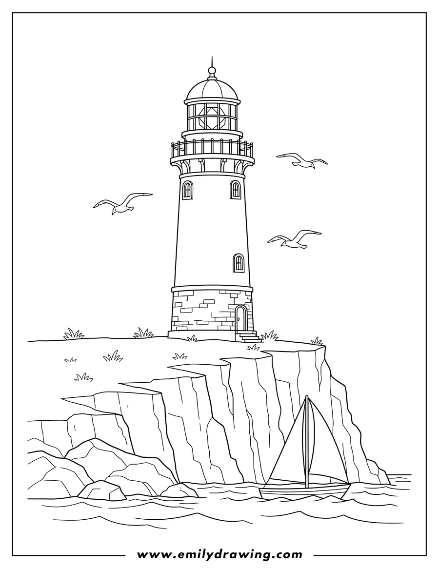 Downloadable coloring page of detailed Lighthouse on a cliff with flying seagulls and a sailboat on the water