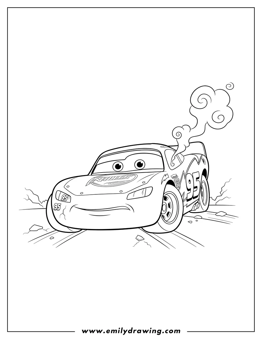 Linear illustration of lightning McQueen damaged and smoking after a crash, with a sad expression