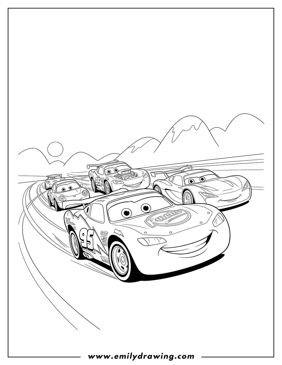 Linear illustration of lightning Mcqueen smiling confidently, leading other racers closely behind