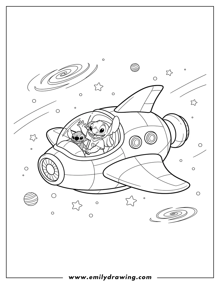Full page coloring image of lilo And Stitch Alien Spaceship Outer Space, with a sleek, curvy design and prominent thrusters
