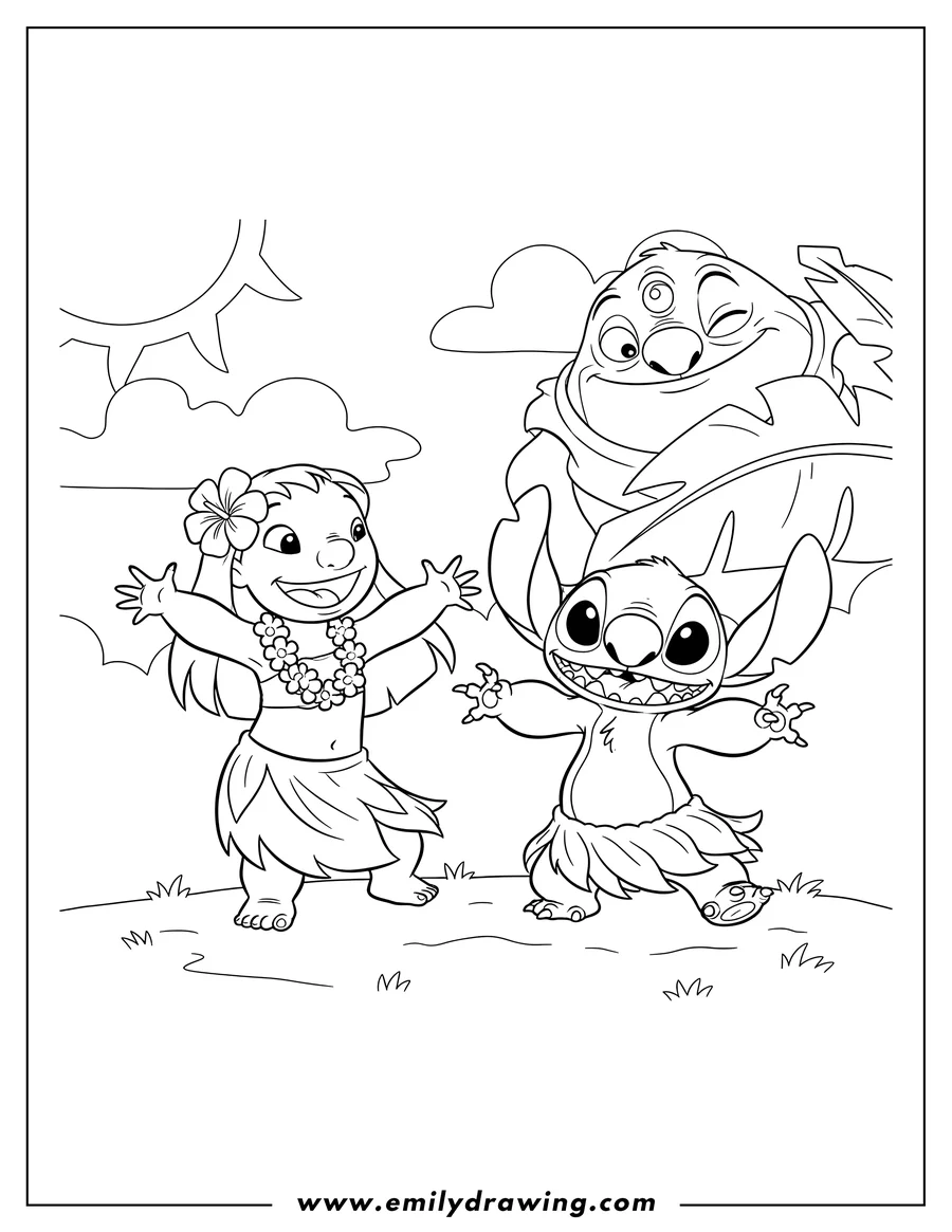 Outline drawing of lilo and Stitch dancing in grass skirts, Lilo with a flower lei, and Jumba hiding