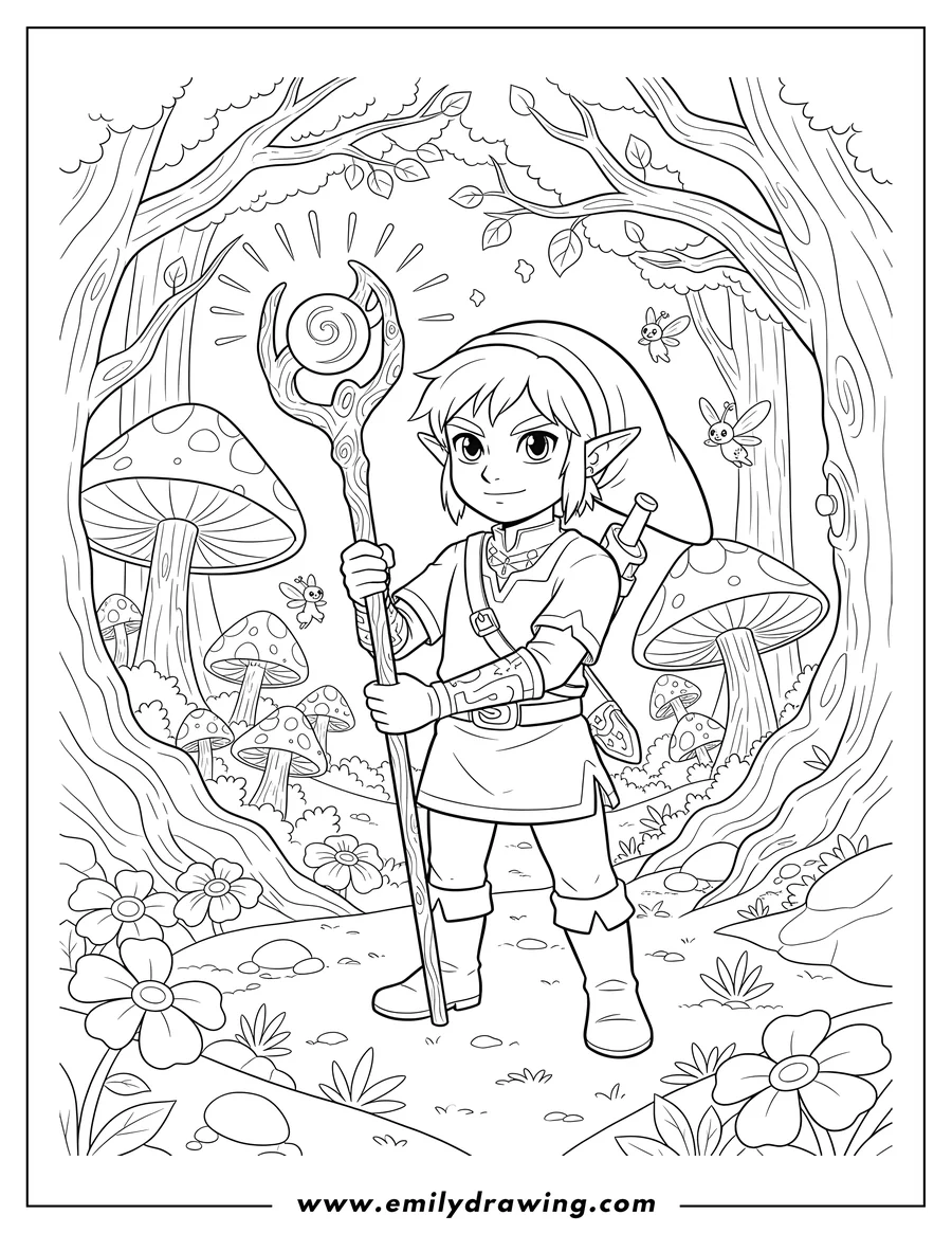 High quality printable link in a magical forest holding a staff for coloring