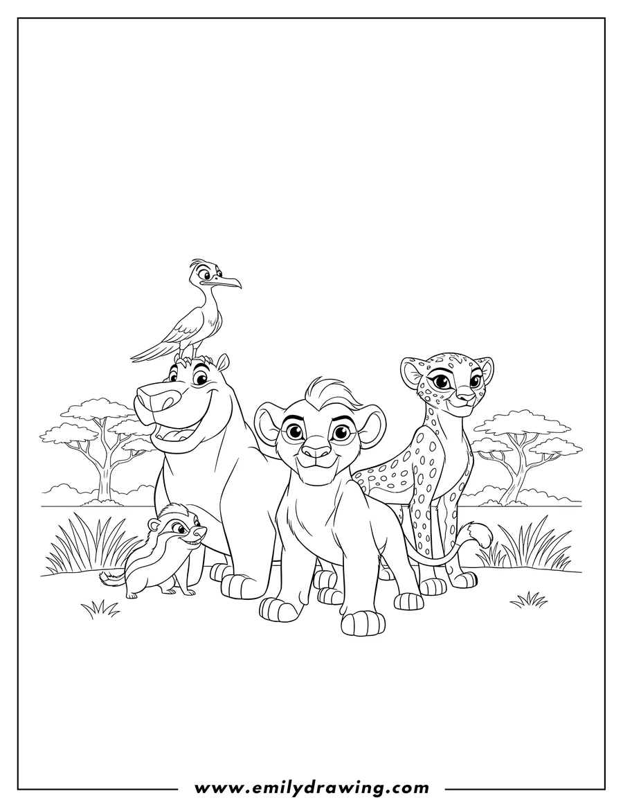 PDF style coloring page: lion Guard Kion, Ono, Fuli, Beshte, and Bunga standing together, with Ono perched on Beshte's head