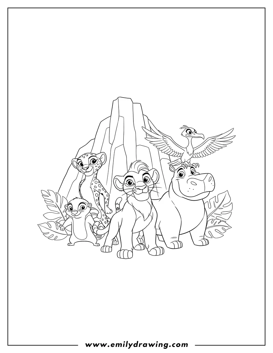 Downloadable coloring page of lion Guard Disney team posing together