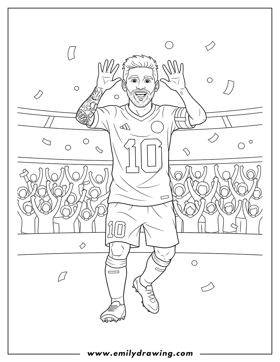 Linear illustration of lionel Messi celebrating with hands up by his head
