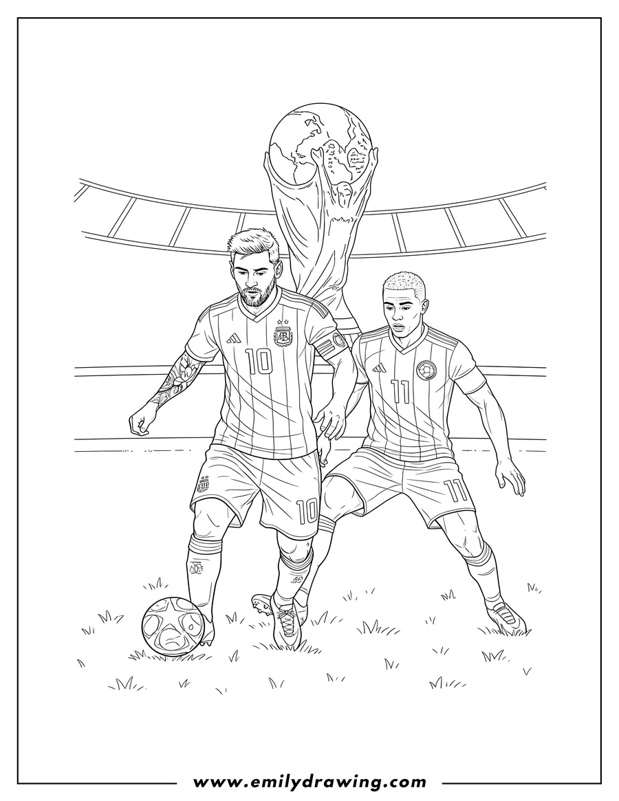 Black and white line art of lionel Messi Playing World Cup, dribbling a soccer ball while being defended by Juan Cuadrado