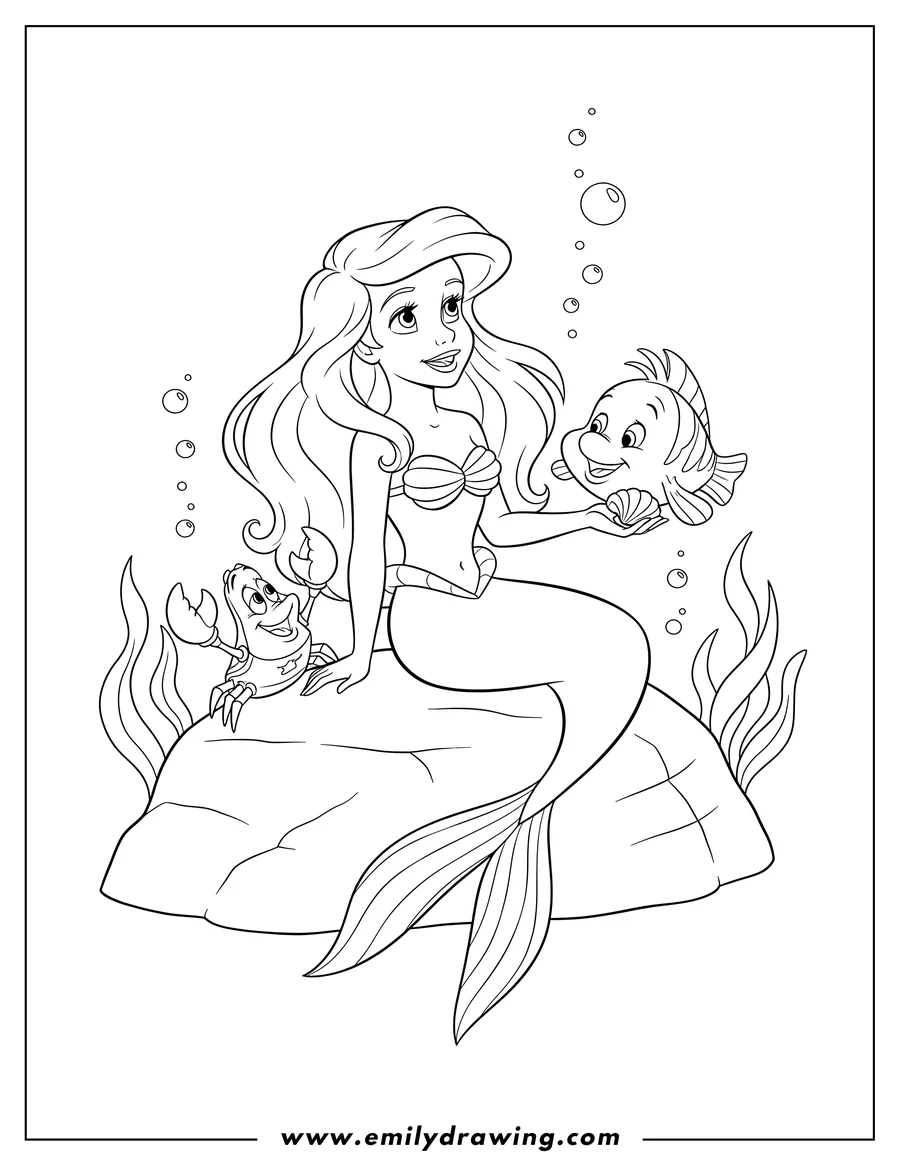 Coloring sheet featuring detailed Little Mermaid Ariel looking up, with Sebastian and Flounder