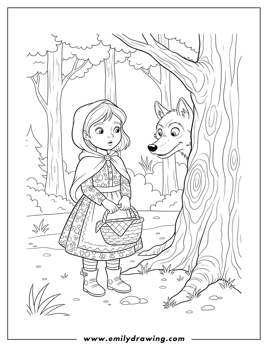 Coloring sheet featuring detailed Little Red Riding Hood holding a basket with a wolf peeking from behind a tree