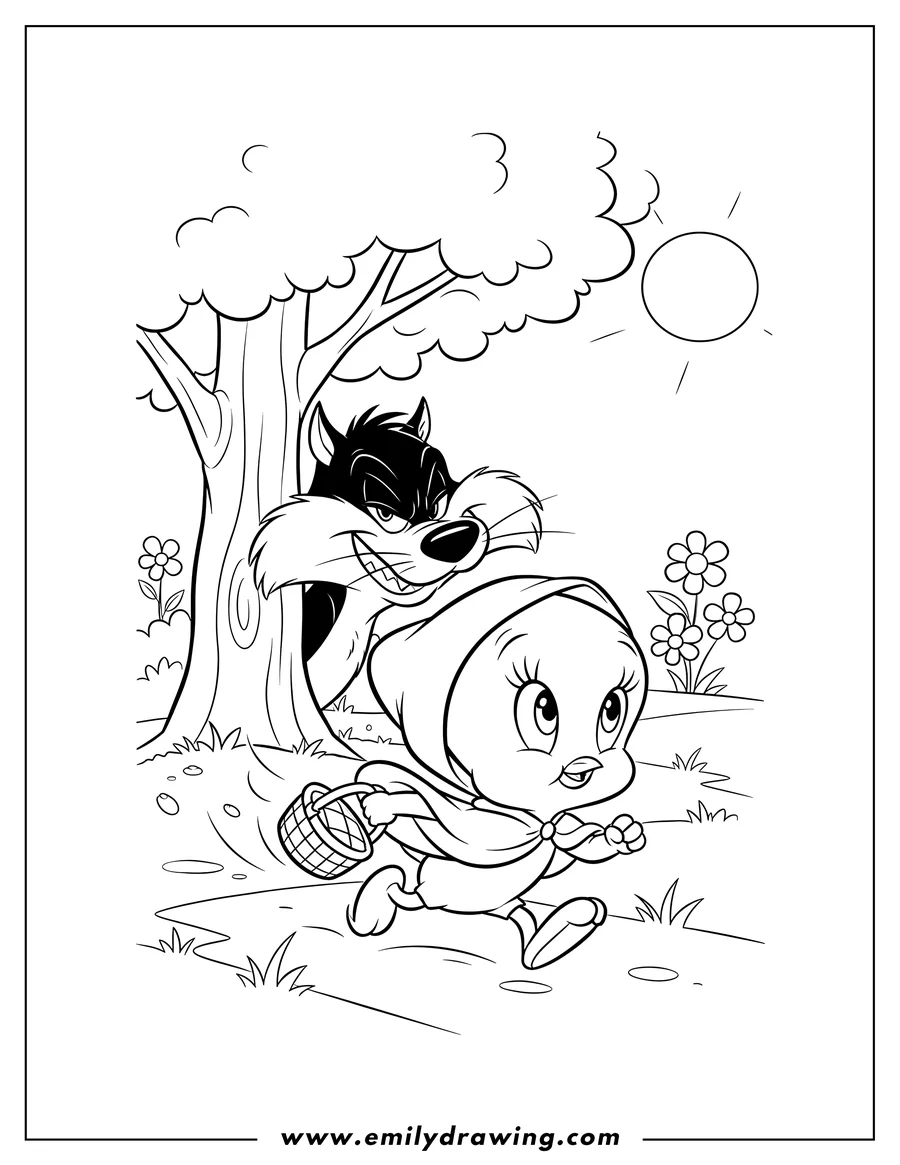 Downloadable coloring page of little Red Riding Hood Tweety running with a basket, with Sylvester peeking from behind a tree in the background